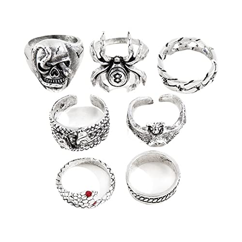 Anillos de poker punk y billar color plata: pack de 6 piezas estilo esqueleto para hombre