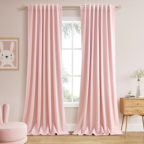 Image of Pink 100% Blackout Linen Curtains for Bedroom 90 Inches Long Back Tab Thermal Insulated Modern Farmhouse Decor Black Out Girl Curtain for Living Room Dining Room Coastal Drapes 52x90, 2 Panels