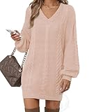 VAFOLY Women's Loose Cable Lantern Sleeve Off Shoulder Sweater Dresses Juniors 2025 Essentials Work Dresses for Women 2025 Professional Trendy Sexy Date Night Elegant Knitted Sweater Pink XL