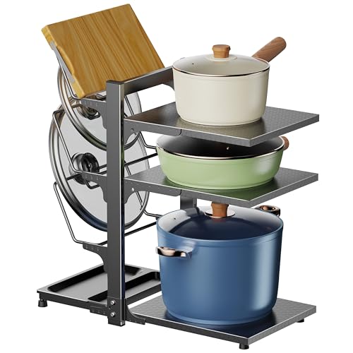 BYTANA 3 Tiers Adjustable Pan Rack Organizer for Cabinet, Pots and Pans Organizer Under Cabinet with Panels, Heavy Duty Adjustable Pan Organizer Rack for Under Sink Organizers and Storage