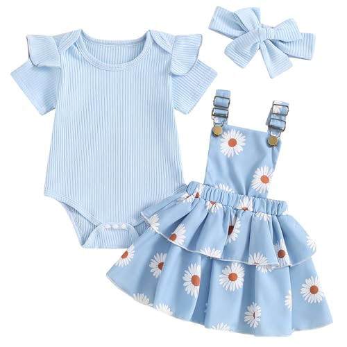Image of Mubineo Baby Girl Summer Clothes Cute Outfits Short Sleeve Romper Overall Skirt Dress Headband 3PCS Newborn Outfit