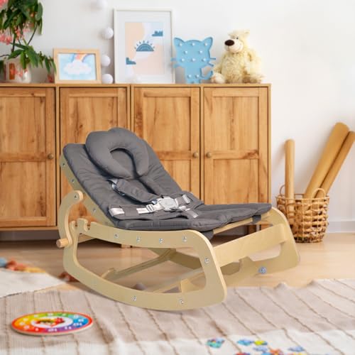 Image of Baby Bouncer,Adjustable Baby Rocker, 3-in-1 Wooden Infant Rocker Chair with 5-Point Harness, Toddler Seat for Infant to Toddlers,Grey