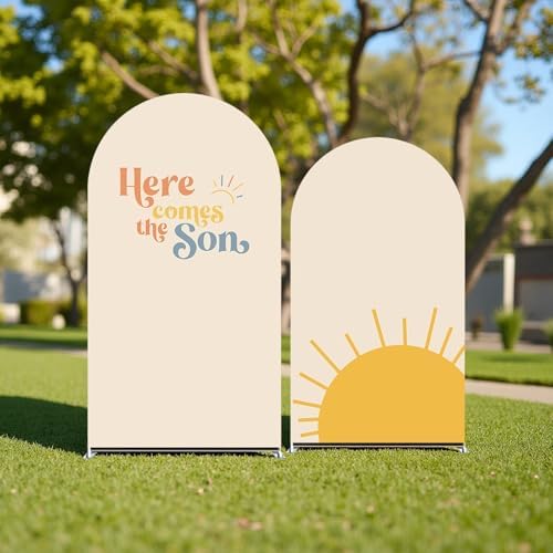 2Pcs Here Comes The Son Arch Backdrop Covers, Retro Rainbow Spandex Fabric Backdrops for Baby Shower, Gender Reveal, Boy Birthday Party Decoration (Set of 7.2ft,6ft) image 5