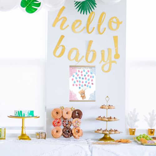 Image of QZCYU Bear Theme Baby Gender Reveal Decorations, Baby Shower Guest Book Party Ideas, Gender Reveal Fingerprint Tree, Canvas Thumbprint Hanging Paintings