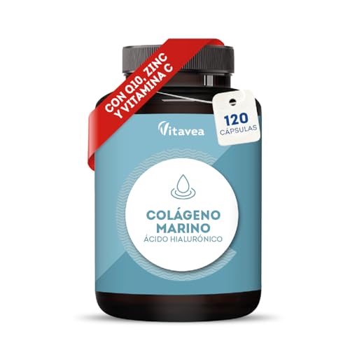 Colágeno Marino Hidrolizado 1000 mg + Ácido Hialurónico + CoQ10 – Articulaciones, Piel, Cabello y Uñas – Integrador con Vitamina C y Zinc – Colágeno Tipo I & III - 120 Cápsulas – Vitavea