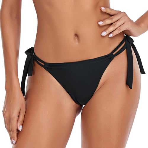 RELLECIGA Ropa de Baño para Mujer Parte Inferior de Bikini Tanga Ajustable con Cordones Thong Bottom Negro S