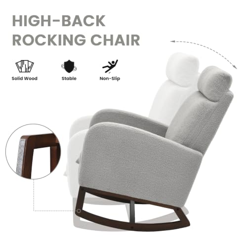 Image of Teddy Nursery Rocking Chair, High Back Glider with Footrest, Gray | Teddy Rocking Chair Nursery with Footrest Storage Pocket Upholstered Accent Arm Chair for Living Room Bedroom Indoor