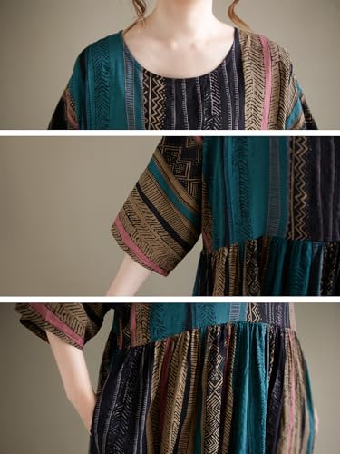 Image of Women Summer Casual Loose Dress Plus Size Boho Dresses Vintage Striped Print Round Neck Short Sleeve with Side Pocket