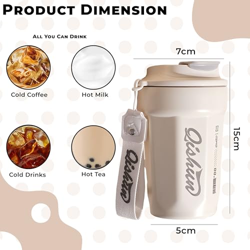 Image of Kraptick Vacuum Insulated Coffee Cup, 316 Food Grade Steel Portable Thermal Coffee Mug, Double Wall Insulated Cup With Large Capacity Designed for Hot and Cold Bevrages-(White)(450ml)