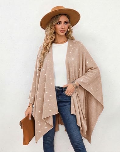 Image of Womens Rhinestones Open Front Poncho Shawl Wrap Cape Ruana Travel Blanket Cardigan