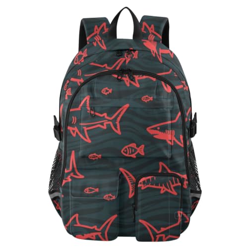 Mochila viaje laptop tiburón rojo negro con diseño de animales