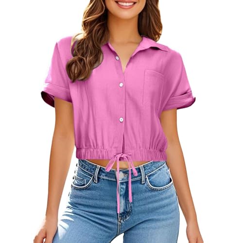 Going Out Tops Short Sleeve V Neck Button Down Shirts 2024 Casual Business Plain Basic Summer Shirt Womens Western (M) Hot Pink