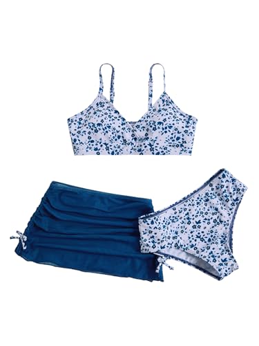 Image of COZYEASE Girls' 3 Piece Set Floral Print Bikini Swimsuit with Drawstring Beach Skirt Cute Ruched Bathing Suit