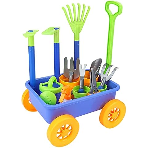deAO Pull along Kids Wagon Wheelbarrow and Gardening Tools Play Set Includes 10 Accessories and 4 Plant Pots Cover