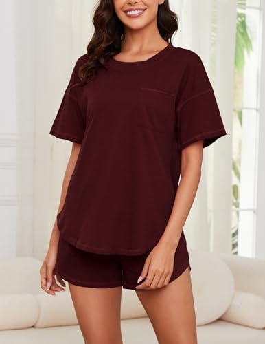 Image of KCW Pajamas for Women Set 2 Piece 100% Cotton Lounge Sets Short Sleeve Top and Shorts Pj Set Sleepwear Outfits