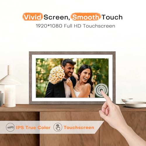 Image of Digital Picture Frame, Frameo 15.6'' Digital Photo Frame WiFi Large Display | 1920*1080 IPS FHD Touchscreen, 32GB, Wall-Mountable, Share Video Picture, Electronic Photo Frame Slideshow, Mom Gift, Greige