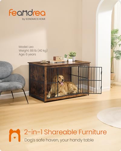 Image of Feandrea Wooden Dog Crate Furniture, 48 Inches Heavy-Duty Kennel for Dogs up to 110 lb, with Double Doors and Enclosed Wood Base, Modern Pet Cage End Table Indoor, Rustic Brown