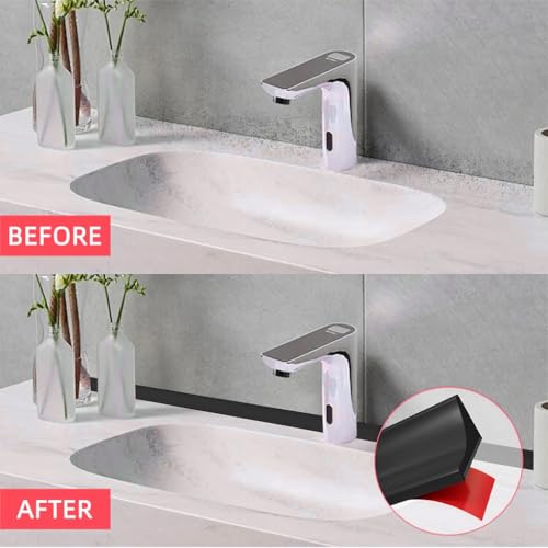 Image of HASTHIP 39Inch /1m Water Stopper with Glue - Sink Splash Guard in Kitchen Water Dam Barrier Strip Shower Silicone Bendable Water Stopper for Kitchen Sink, Black
