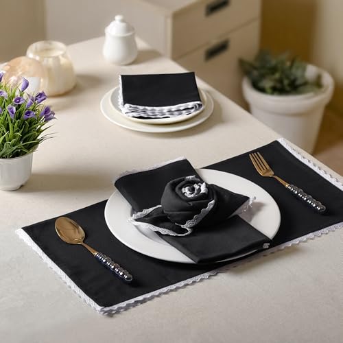 Image of FINGERCRAFT Cloth Napkins Set of 6, 20x20 Inch Cotton Linen Blend Dinner Napkins Lace Trim, Reusable Washable Table Napkins for Wedding, Farmhouse Dining, Parties & Home Decor (Black)