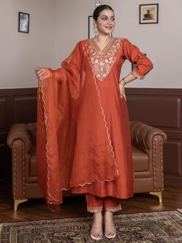 Image of VredeVogel Women's Silk Blend Embroidered Anarkali Kurta with Pant & Dupatta Set | Festive & Casual Women Ethnic Kurta Set for Women