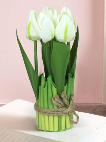 Image of TIED RIBBONS Artificial Tulip Flower Plant for Decoration Fake Flowers with Leaves (White, 24.5 Cm X 6.3 Cm) Decorative Items for Home Decor Table Living Room Office Restaurant - Polyester