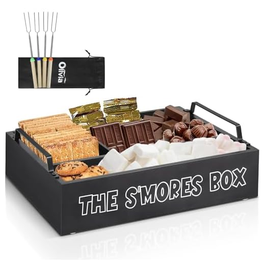 Smores Kit for Fire Pit, Smores Caddy Organizer for S'Mores Station, Farmhouse Wooden S'mores Bar Holder with 4 Extendable Smores Sticks, Smores Tray Organizer for Party, Outdoor Camping and Bonfires