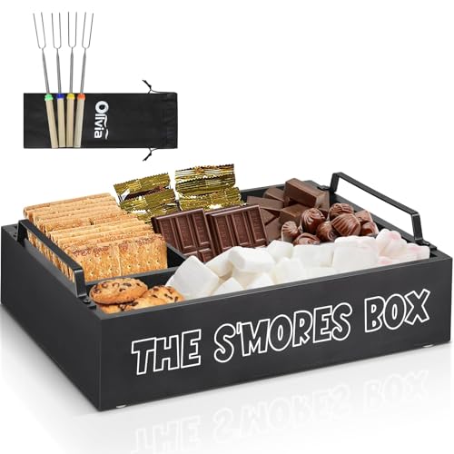 Smores Kit for Fire Pit Smores Caddy Organizer for SMores Station Farmhouse Wooden Smores Bar Holder with 4 Extendable Smores Sticks Smores Tray Organizer for Party Outdoor Camping and Bonfires