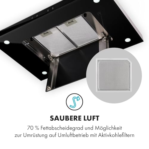 Klarstein Valeria Inselabzugshaube - Dunstabzugshaube, Inselhaube, 230W, max.650 m³/h, 3 Leistungsstufen, LED-Beleuchtung, Touch-Panel, Glas, Edelstahl, sparsam, PureAmbience Concept, silber