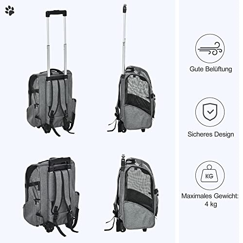 PawHut Hundetrolley Transporttasche Tragetasche für Tiere Trolley 2-in-1 Haustierrucksack Hundetasche mit Tür und Fenster atmungsaktiv Oxfordstoff Grau 42 x 25 x 55 cm