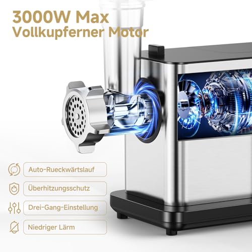 AAOBOSI Fleischwolf Elektrisch [3000W MAX] mit LED-Display,3 Geschwindigkeiten,Fleischwolf mit Anti-Verstopfungstechnik,Eingebauter Speicherbox,Wurstfüller & Kibbe-Herstellung für den Hausgebrauch