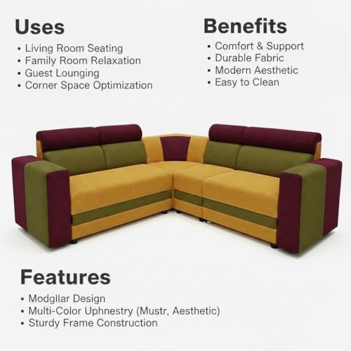 Image of APRODZ Wooden Sofa Set 6 Seater for Living Room, Solid Wood L Shape Sectional Sofa with Velvet Fabric Upholstery, Cushioned Seating for Home, Office & Lounge, Yellow, Green & Magenta Pink