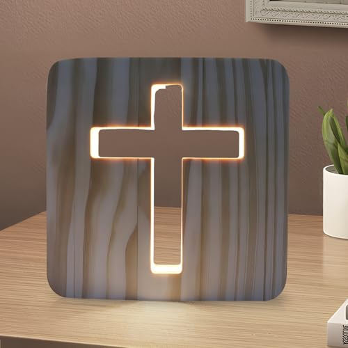 GOEDCH Jesus cruz luz de noite: 3D esculpido em madeira candeeiro de noite LED luz quente pequeno candeeiro de mesa para quartos, 3D Jesus cruz religiosa mini luz noturna, presentes de Páscoa