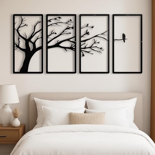 Image of Trocshop Modern 4-Piece Tree Wall Art Panel Set | Branch & Birds Design | MDF Wooden Wall Hanging | 3D Matte Finish | Items For Living Room /Bedroom /Drawing Room /Dining Room | 40x22 cm Each - Black