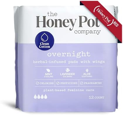 The Honey Pot Company Clean Cotton Overnight Pads (12 Count), Herbal-Infused Pads with Wings, Plant-Derived Feminine & Menstrual Care