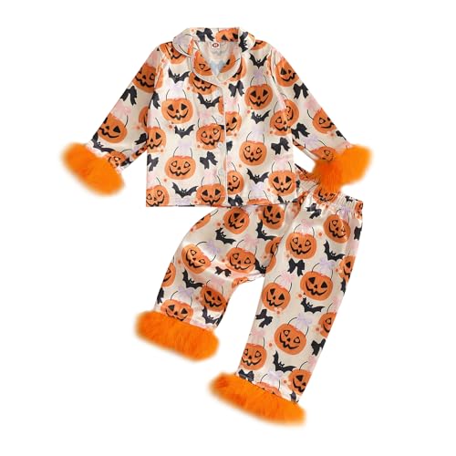 Kids Baby Girl Halloween Silk Pajamas Set Button Down Pumpkin Feather Trim Sleeve Shirts Tops and Pants Satin Pj Sets