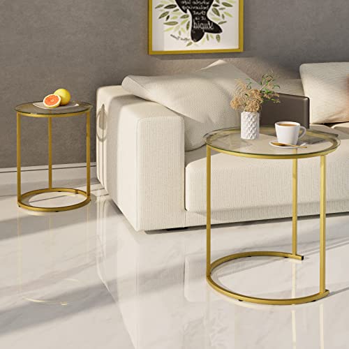Azheruol Nesting Coffee Table Set Of 2,Modern Gold Tempered Glass Side Table, Metal Frame Round End Table.small Glass Tea Table For Living Room,Bedroom Studio Apartment Essentials，23.2In #TOP3