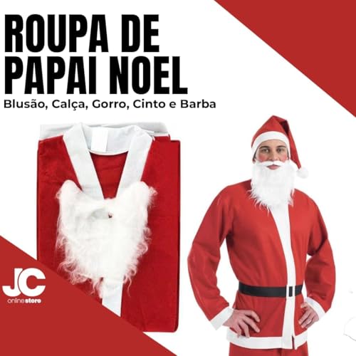 Roupa de Papai Noel Veludo Tamanho Único Com Blusão, Calça, Gorro, Cinto e Barba.