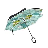 Bigjoke Doppelschichtiger umgekehrter Regenschirm, niedlicher Frosch Libelle Rückwärtsschirm, Winddicht, wasserdicht, für Auto, Outdoor, Reisen, Erwachsene, Herren und Frauen
