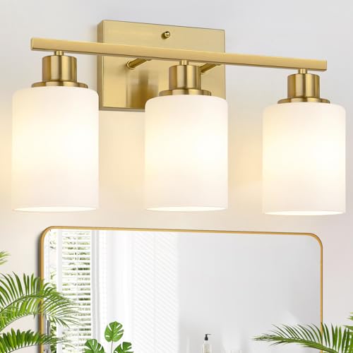 Image of MOKATNG 3-Light Bathroom Light Fixtures, Brushed Gold Vanity Light with Milky White Shades, Bathroom Lighting Fixtures Over Mirror, Modern Bathroom Wall Lamp for Mirror Living Room Cabinet Bedroom