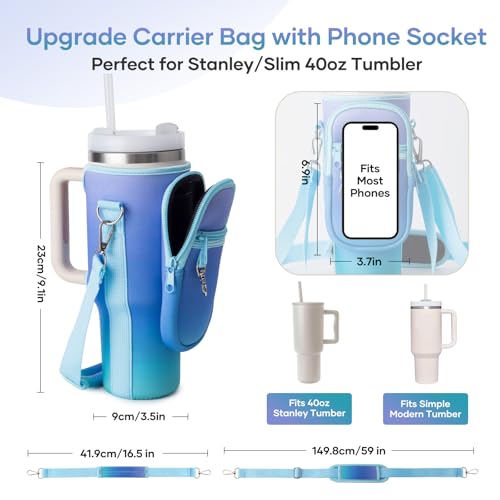 Image of linmaya Water Bottle Carrier Bag with Phone Pocket for Stanley Cup 40 /30oz,Insulated Neoprene Water Bottle Holder Cross-boday Bag with Adjustable Shoulder & Handheld Strap Stanley Cup Accessories