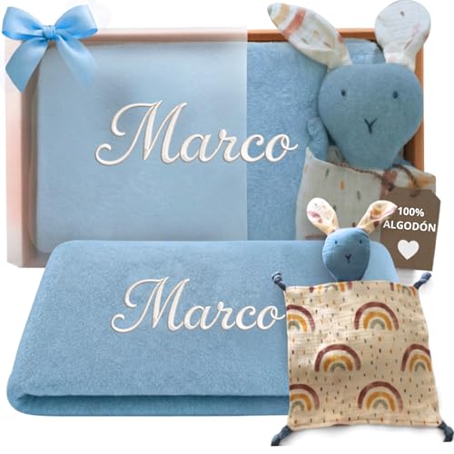 Dalvitas Manta Bebé Personalizada Bordada con Nombre + Doudou 100% Algodón   Pack Regalo Recién Nacido Niño Niña   Set Canastilla Extrasuave y Ligera para Entretiempo