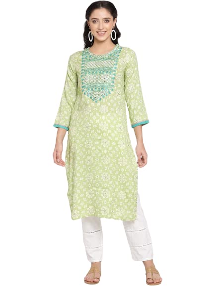 BE INDIWomen Green Foil Printed Contrast Color Mirror Embroidered &Trim &Fancy Lace Detailing Kurta | KUGE12790
