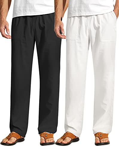 Ficerd 2 Pcs Men's Drawstring Linen Pants Men Casual Beach Trousers With Pocket Lightweight Elastic Yoga Pant, Black, White (Small) #TOP17