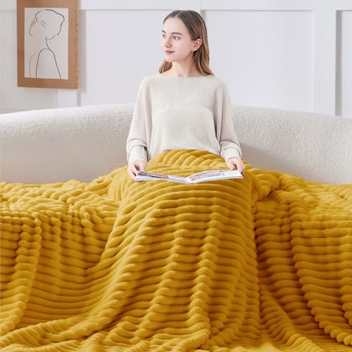 Image of BEDELITE Ribbed Twin Blanket for Couch & Bed, Mustard Yellow, 60 inchx80 inch