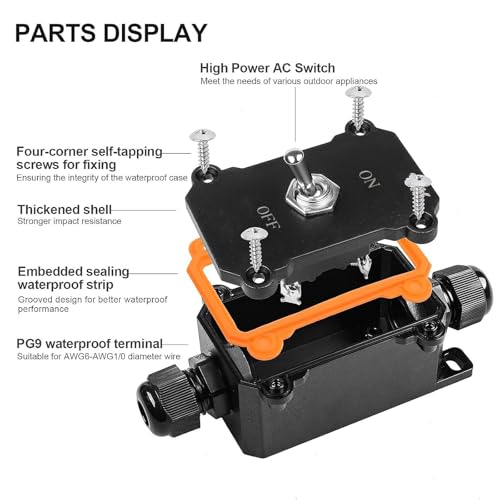 Wasserdichter Eingebauter Schalter 15A 250V, Zwei-Stufen ON/OFF Außenschalter, Doppelkopfiger Anschluss Schalter für Garten, Terrasse, Werkstatt Hochwertiger Kunststoffgehäuse