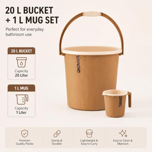 Image of Plastic Bucket with Mug Combo | Bathroom Set (20 Liter Bucket+ 1 Liter Mug) (Light Brown)