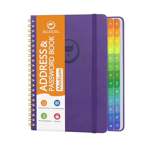 Address Book with Alphabetical Tabs-Address and Password Book for Seniors - Hardcover Spiral Bound Phone Book- Record Contacts Website Login Passwords Special Days -5.7 x 7.7 Purple