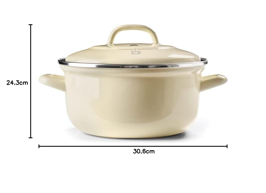 BK Indigo Patrimonio Olandese Casseruola Rotonda Smaltata con Coperchio con Rivestimento Antiaderente Ceramico Senza PFAS, 22 cm/3,3 Litri, Induzione, Lavabile in Lavastoviglie e in Forno, Crema