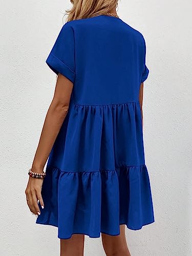 Image of WDIRARA Women's Roll Up Short Sleeve V Neck Ruffle Hem Solid Swing Smock Dress