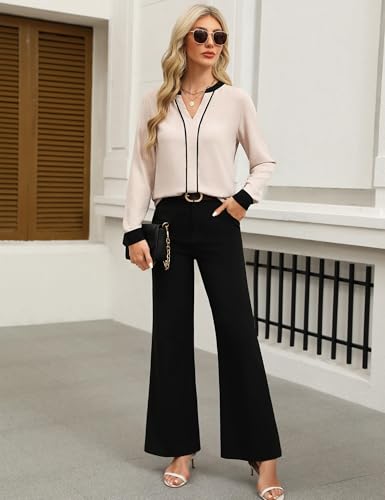 Women's V-Neck Blouse, Long Sleeve Color Block Shirt, Business Casual Tops, Dressy Work Shirt, Fall Fashion Office Wear, XL